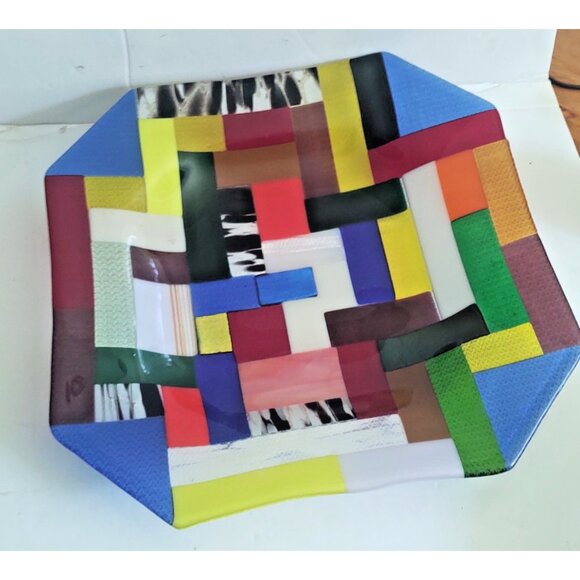 Rare Large Fused & Woven Mosaic Glass Plater 12.5" x 12.5" E&R Glass Labelled - Picture 13 of 16
